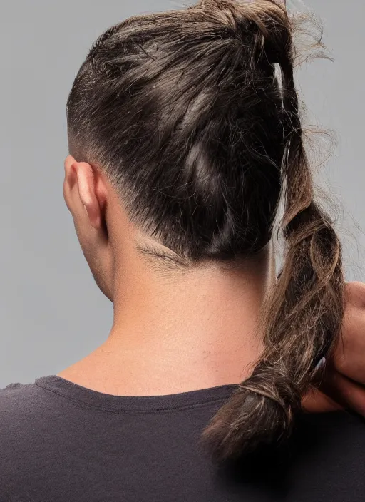 Image similar to a skinny young white male with a dark brown man bun for hair