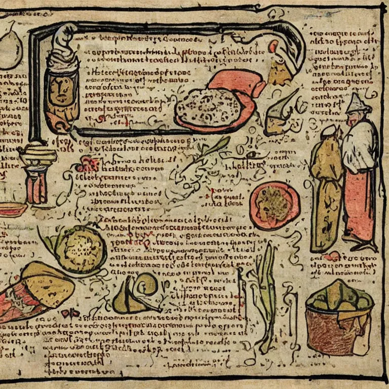 Image similar to middle age illustrated recipe for burrito ( ( ( ( burrito ) ) ) ) lot of medieval enluminures in the background explaining the recipe, schematic in a notebook