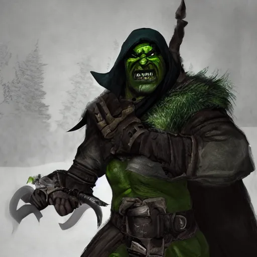 Image similar to shifty looking male rogue, hyperrealistic sneaking behind orc