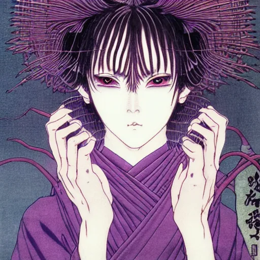 Prompt: prompt : portrait of muse soft light painted by takato yamamoto, purple rinnegan eyes, inspired by ninja anime, smooth face feature, intricate oil painting, high detail, sharp high detail, manga and anime