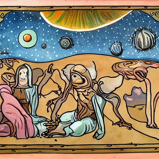 Prompt: realistic painting explaining to 1 3 th century people how aliens created life on earth