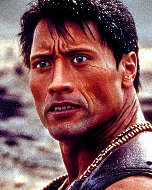 Image similar to film still close up shot of dwayne johnson in the movie mad max 2 the road warrior. photographic, photography