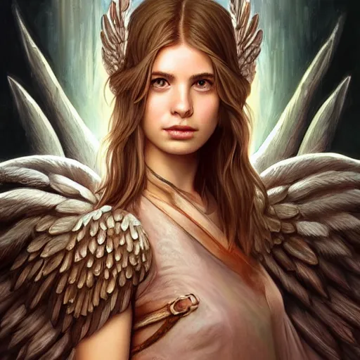 Prompt: portrait of young aasimar angel girl maiden wearing comfy leather armor with beautiful feathered angel wings, cute face, brown eyes, Alison Williams, Emma Roberts, Blizzard, Diablo, by artgerm and greg rutkowski and alphonse mucha and andrei riabovitchev, 4k oil on linen, vivid colors, colorful, high dynamic range, HDR, intricate, elegant, highly detailed, digital painting, artstation, concept art, smooth, sharp focus, illustration