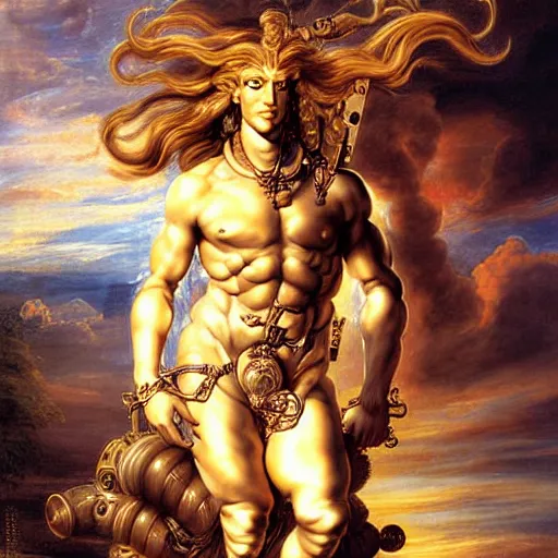 Image similar to beautiful painting of the sun god Apollo as a cyborg with long curly blond hair, full borg cybernetics, in the imperial palace at golden hour, by Peter Paul Rubens and Hajime Sorayama