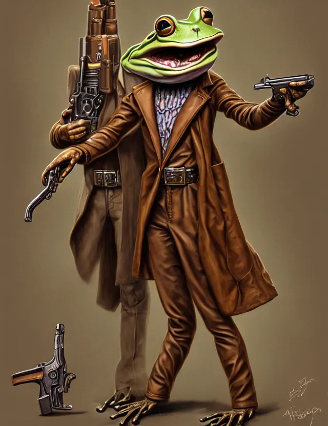 Image similar to anthropomorphic bipedal frog that is wearing a brown leather trenchcoat, and dual wielding revolver pistols, as a matte oil painting and d & d character art, by alex grey, retrofuturistic, science fantasy, standing, fullbody, concept art, award - winning, extremely detailed, sharp focus