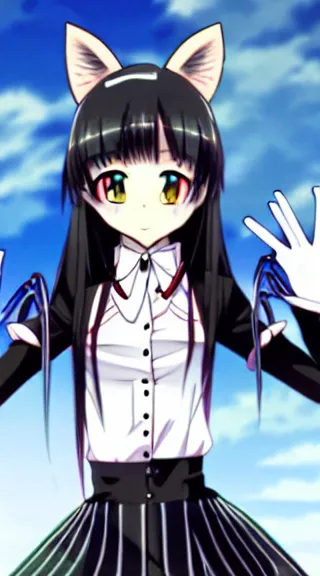 Image similar to Anime Screenshot of a “red-eyed black-haired anime fox girl” wearing black fingerless-gloves, high-waist-black-skirt, white-collared-shirt blue-open-jacket, black-necktie, unsheathing her katana, white background, visual-key, anime illustration, pixiv, anime-twitter