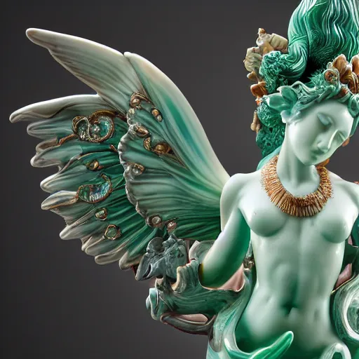 Image similar to a closeup photo, rococo alabaster and jade real delicate ceramic porcelain sculpture of an ornate detailed phoenix goddess in front of an intricate background by rafael, micro detail, backlit lighting, subsurface scattering, translucent, thin porcelain, emerald, jade, octane renderer, colorful, physically based rendering, trending on cgsociety