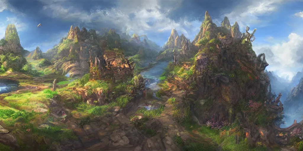 Image similar to a high quality professional 360 painting of a fantasy landscape