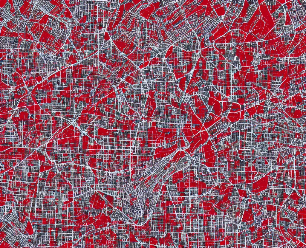Prompt: multitude of red periods on a Vector AntiqueWhite on DarkGrey Streets Satellite Map, vector graphics, 8k