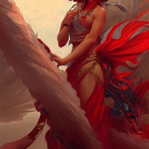 Image similar to Lady Liberty riding the red dragon of china, highly detailed, digital painting, artstation, concept art, smooth, sharp focus, illustration, art by artgerm and greg rutkowski and alphonse mucha