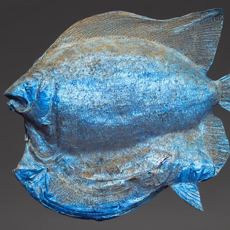 Image similar to hyperrealistic sculpture of a bronze fossilized flounder halibut in a large mesh bag made of blue silicone and latex on a pedestal by ron mueck and duane hanson and lee bontecou, hyperrealistic dramatic colored lighting trending on artstation 8 k