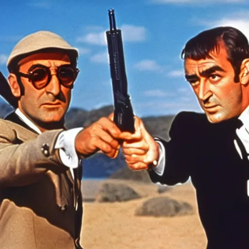 Image similar to john lennon pointing a gun at sean connery, james bond, 1960s film poster