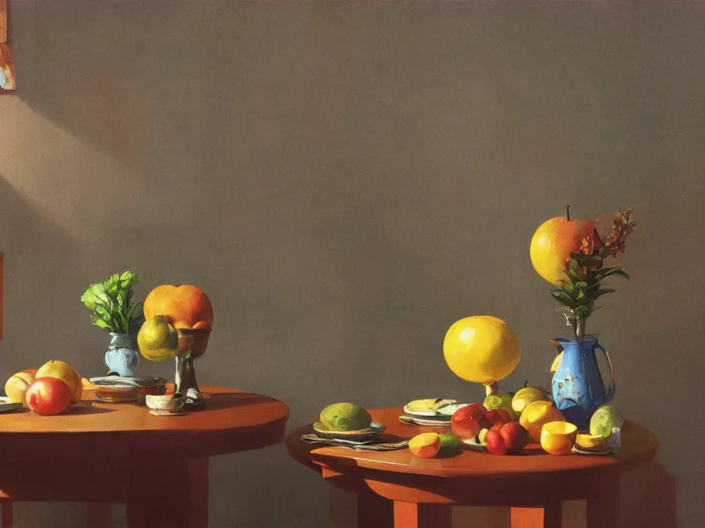 Image similar to 70s living room table with fruit basket, fine art, still life, the shinning stanley kubrick, god ray, cinematic, realistic, detailed, close up, volumetric lighting, painting in the style of Edward Hopper