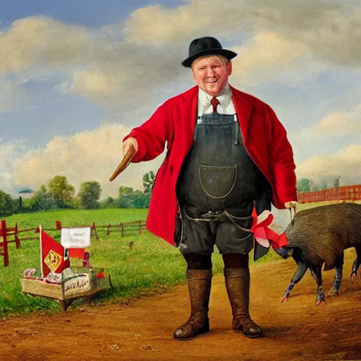 Prompt: a proud englishman farmer showing off his prized red ribbon hog at the county fair, oil painting