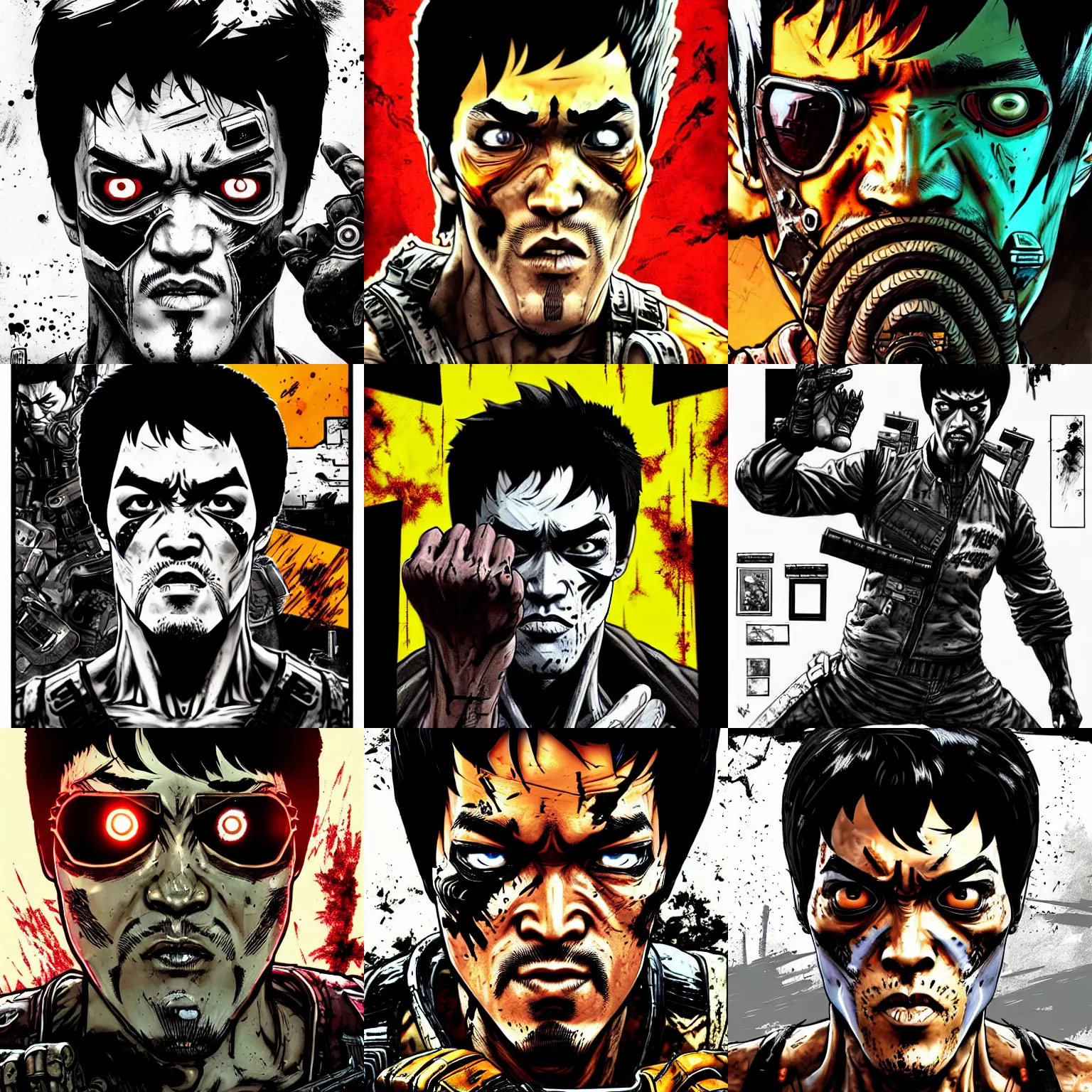 Prompt: borderlands 3 !!! bruce lee!! cell shaded! scary head portrait of bruce lee terminator cyborg as Borderlands 3 concept art, llustration, postapocalyptic grunge, concept art by Laurie Greasley, highly detailed, sharp focus,alien, HQ, 4K ,art by Laurie Greasley