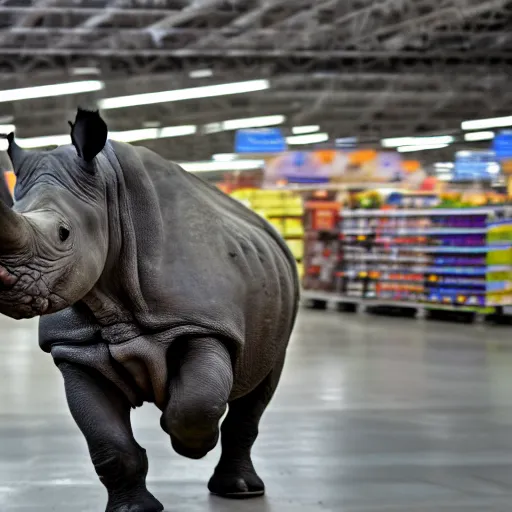 Image similar to a rhino in a walmart, photography, high resolution 8 k,