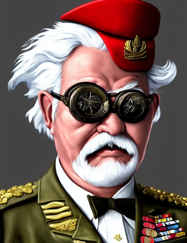 Prompt: a portrait of colonel sanders wearing a military uniform and an eyepatch, by moebius and tyler edlin and hr giger, trending on artstation, digital art, 4 k resolution, detailed, high quality, sharp focus, hq artwork, coherent, insane detail, concept art