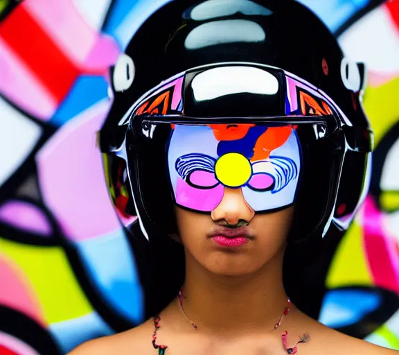 Image similar to portrait of a glossy black marble statue of an anime girl with colorful motocross logos and motorcycle helmet with reflective mirrored visor, colorful billboards in the background, carved marble statue, fine art, in the style of virgil abloh, in the style of takashi murakami,