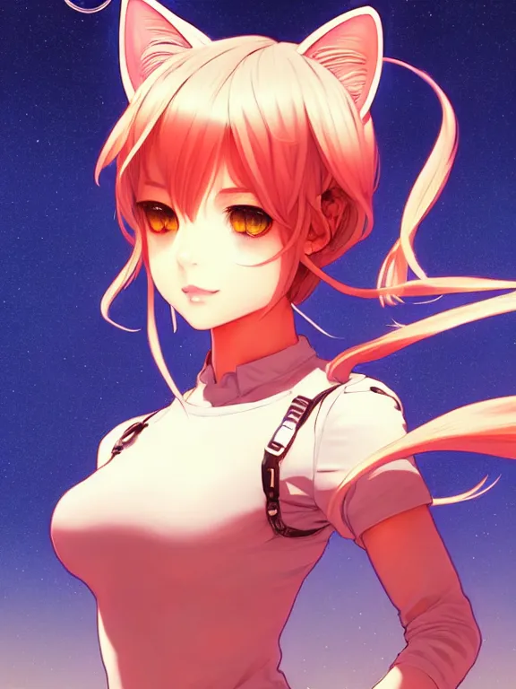 Image similar to full body picture of a cat ear girl on the mars, bored, beautiful and aesthetic, intricate, unreal engine, neat hair, highly detailed, detailed face, smooth, sharp focus, chiaroscuro, manga illustration, artgerm, greg rutkowski, ilya kuvshinov, rossdraws, alphonse mucha, young adult light novel cover art