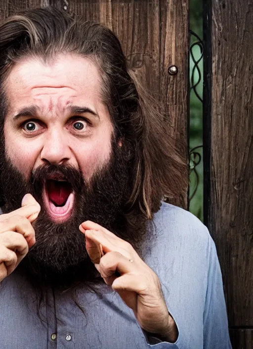 Prompt: cinematography long haired bearded man screaming to the gate interphone by emmanuel lubezky