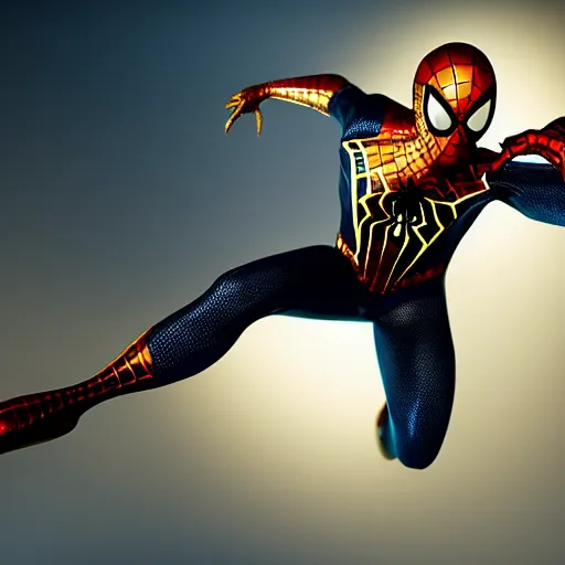 Image similar to gold spider - man suit with black web lining, cinematic, volumetric lighting, realistic, hyperdetailed, photorealistic, photograph