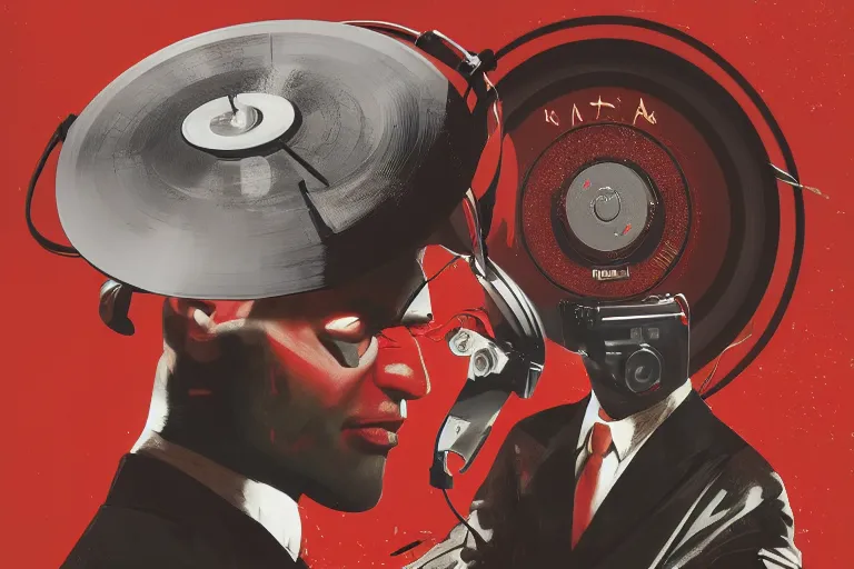 Image similar to a portrait of agent 4 7 from hitman wearing headphones and putting a vinyl record onto a turntable, dark background, red rim light, digital art, artstation, concept art by giger stalenhag