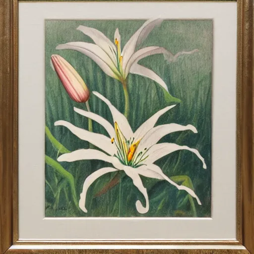 Prompt: a painting of lilies in the style of judy woodborn, copperplate etching