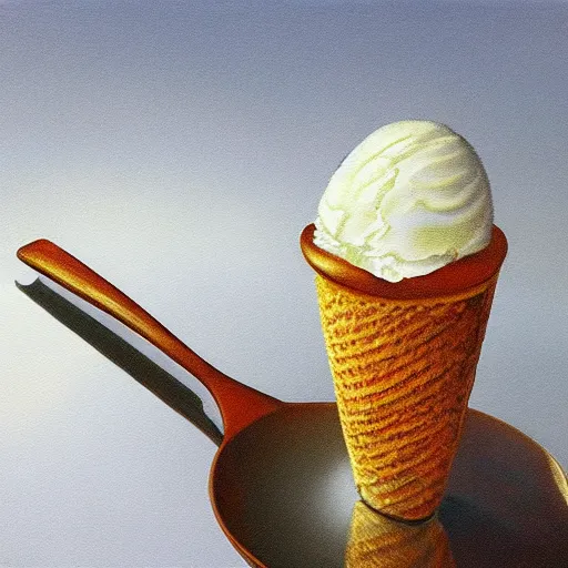 Image similar to Hyperrealistic symmetric painting of a levitating ice cream cone filled with mirror-like liquid mercury