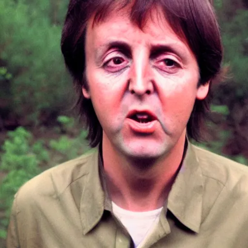 Prompt: trailcam footage of young Paul McCartney crying