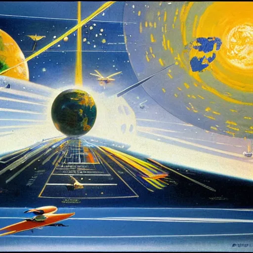 Image similar to Earth Orbit, A Distant Tomorrow by Robert McCall, 1971