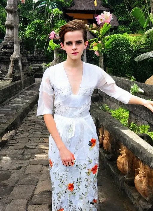 Prompt: emma watson wearing traditional kebaya bali in bali. iconic monkey place in bali. front view. instagram holiday photo shoot, perfect faces