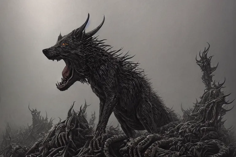 Image similar to Haunting horrifying hyperrealistic detailed painting of a demonic hellhound wolf creature sitting atop a giant throne of spikes in a foggy hellscape, dystopian feel, heavy metal, disgusting, creepy, unsettling, in the style of Michael Whelan and Zdzisław Beksiński, lovecraftian, hyper detailed, trending on Artstation