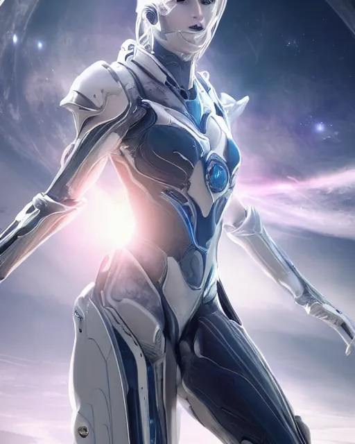 Image similar to photo of a beautiful girl on a mothership, android, warframe armor, pretty face, scifi, futuristic, galaxy, raytracing, dreamy, perfect, aura of light, pure, white hair, blue cyborg eyes, glow, insanely detailed, artstation, innocent look, art by gauthier leblanc, kazuya takahashi, huifeng huang