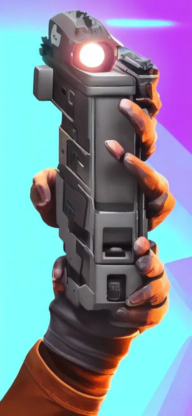 Image similar to “ hand in glove holding laser gun from the side, cinematic, digital art, fortnite style, award winning ”