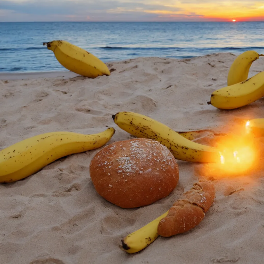 Prompt: a bread and a banana in love at the beach with sunset