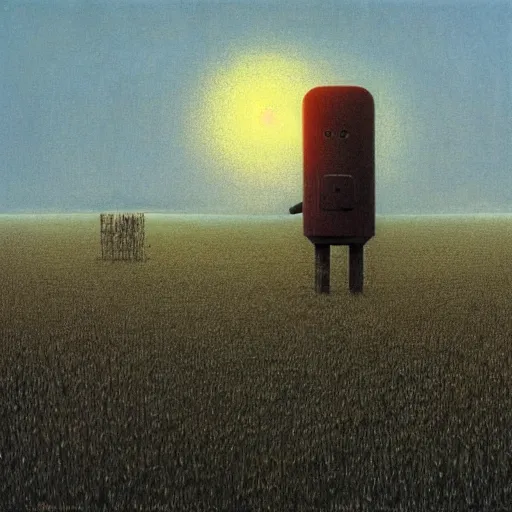 Prompt: a giant robot standing in a field at sunset by Beksinski