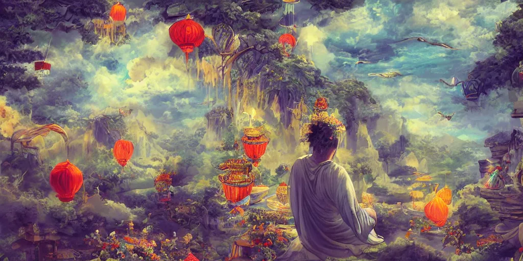 Image similar to painting of wind god enjoying the view from his stone heavenly palace, decorated with windchimes and paper lanterns, nature and clouds in background, digital art