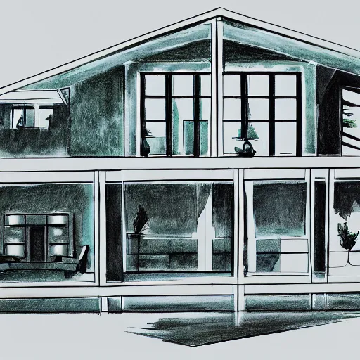 Image similar to 7 0 s magic marker architectural drawing for a private luxury home in los angeles, blue, green, black and white pen, marker wash, bond paper, professional, illustration, modern