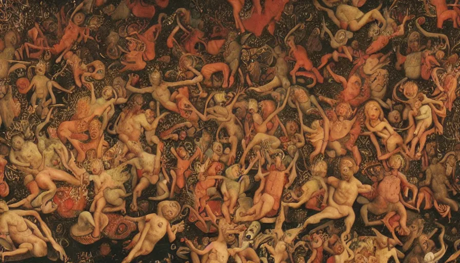 Image similar to johfra bosschart painting details of a bunch of people floating in heaven, bosch demons