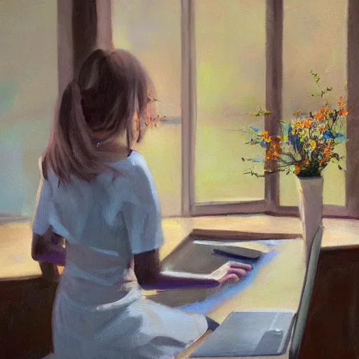 Image similar to oil painting, full room view, skinny female artist back view, dark hair, pale grey babydoll dress with 3d flowers, typing on a computer keyboard facing a giant wall size computer screen