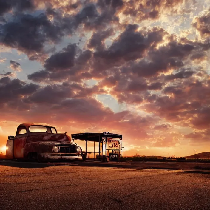 Image similar to a sunset light landscape with historical route 6 6, lots of sparkling details and sun ray ’ s, blinding backlight, smoke, volumetric lighting, colorful, octane, 3 5 mm, abandoned gas station, old rusty pickup - truck, beautiful epic colored reflections, very colorful heavenly, softlight