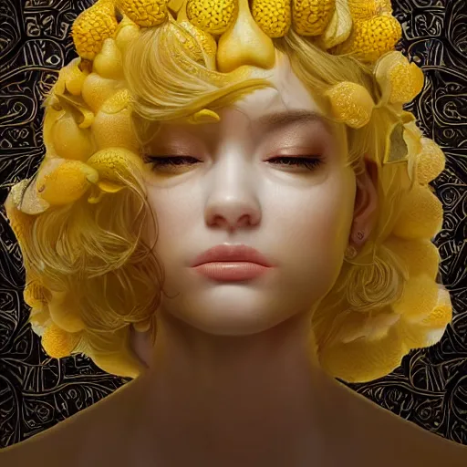 Image similar to the portrait of an absurdly beautiful, graceful, elegant, sophisticated, young idol made up of lemons, an ultrafine hyperdetailed illustration by kim jung gi, irakli nadar, intricate linework, bright colors, octopath traveler, final fantasy, unreal engine 5 highly rendered, global illumination, radiant light, detailed and intricate environment