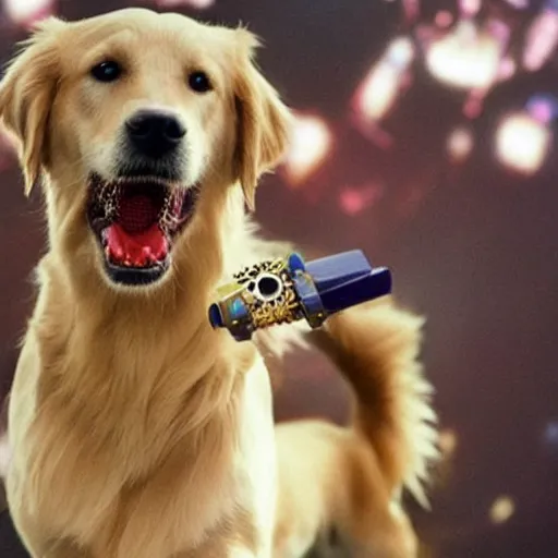 Prompt: a golden retriever running away with the infinity gauntlet in its mouth