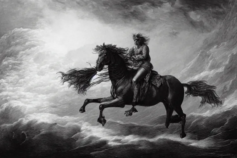 Prompt: A huge horse rides through epic Hurricane, Gustave Dore lithography