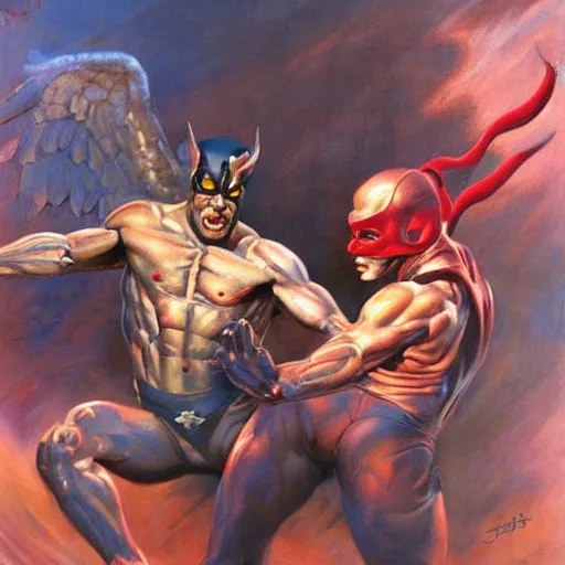 Prompt: detailed portrait of dare devil and dare angel intricate, hyper detailed, realistic, oil painting, by julie bell, frank frazetta, cinematic lighting