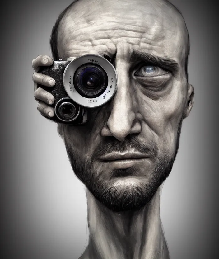 Prompt: man with camera for a head, hyper realism, fine details, concept art, digital art, deviantart artstation, very sharp, in the style of john pound,