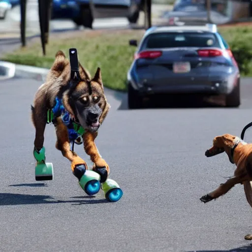 Prompt: boston dynamics dog chasing a car