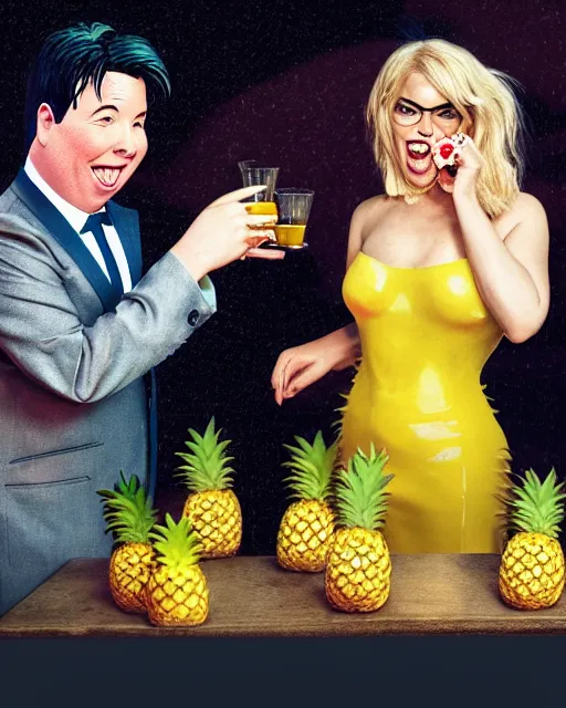 Image similar to A drunk Michael Mcintyre with a blonde woman eating pineapple in a nightclub,real life skin, intricate, elegant, highly detailed, artstation, concept art, smooth, sharp focus, photo