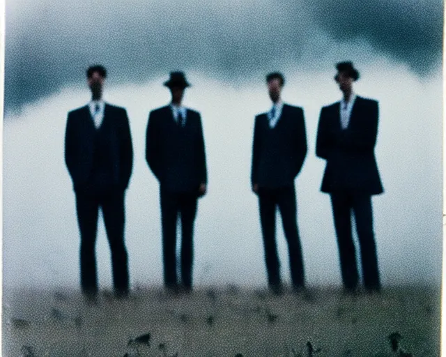 Image similar to 8 mm film, blurry, grainy, liminal, unsettling, group of tall men in suits in a field, thunderstorm, dark night