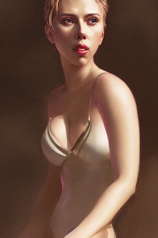 Image similar to a fancy portrait of Scarlett Johansson in a swimsuit by Greg Rutkowski, Sung Choi, Mitchell Mohrhauser, Maciej Kuciara, Johnson Ting, Maxim Verehin, Peter Konig, final fantasy , mythical, 8k photorealistic, cinematic lighting, HD, high details, atmospheric,